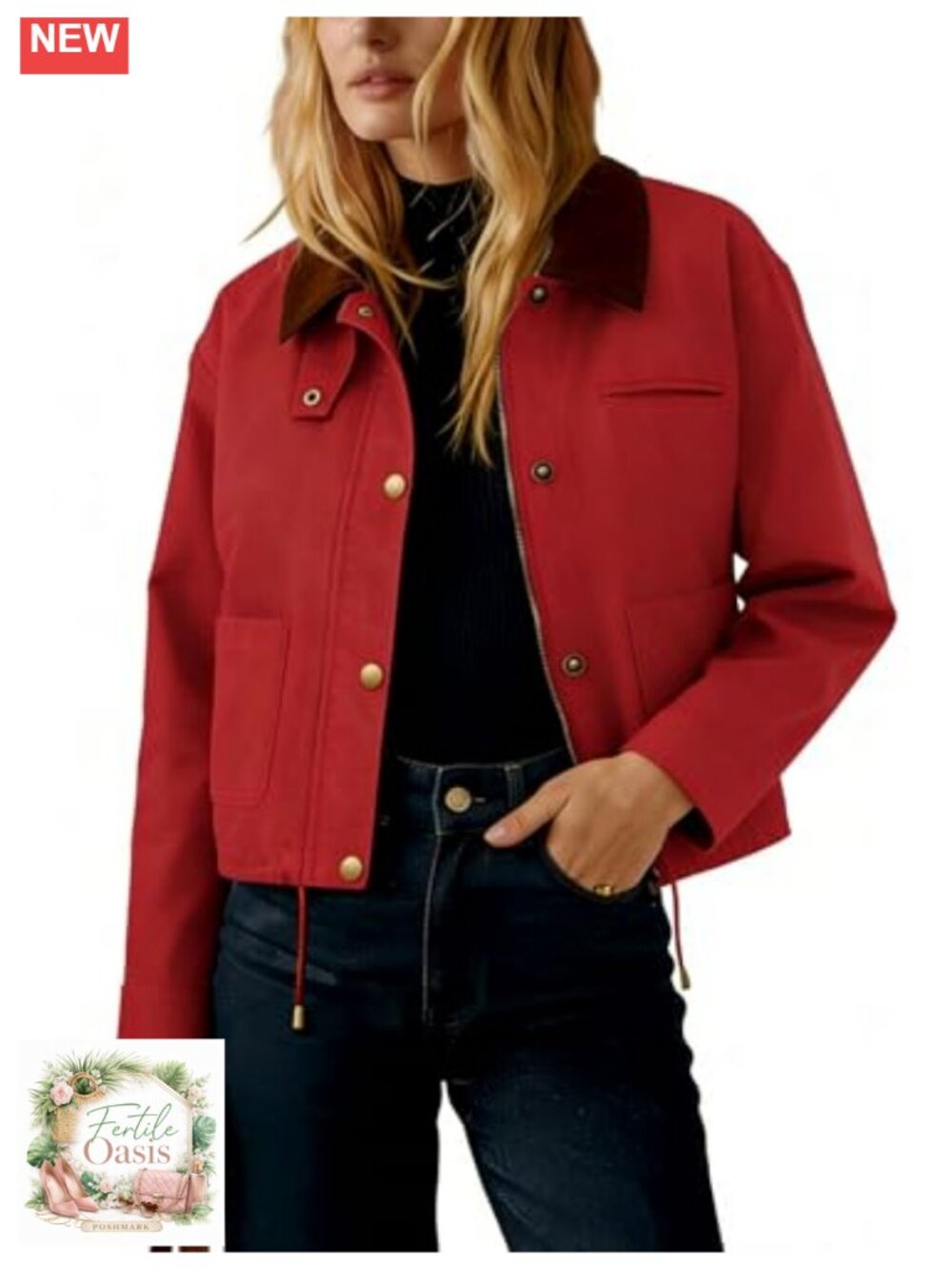 Womens Cropped Zipper Jacket Contrast Corduroy Collar Casual Button Varsity